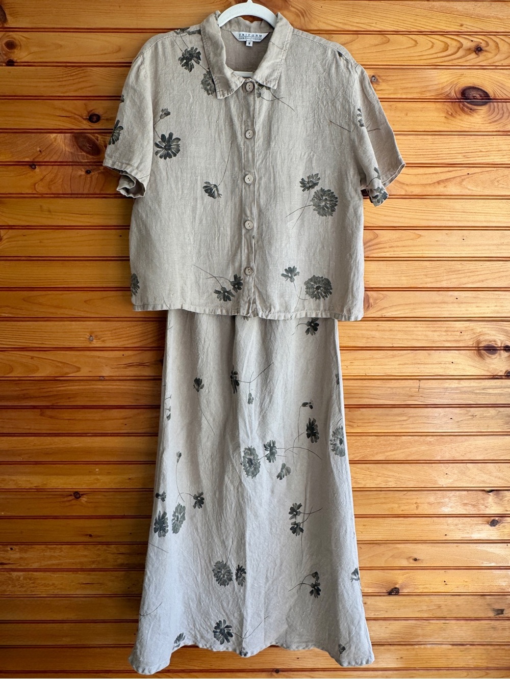 Uniform John Paul Richard 100% Linen Skirt Top Set Tan Floral M Boho Vintage